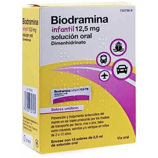 Biodramina Infantil 12,5 mg 12 Sachês Unidose Solução Oral 2,5 mL