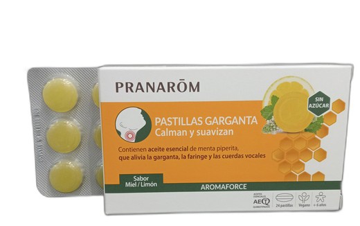 As pastilhas para garganta Pranarom Aromaforce acalmam e suavizam o sabor de mel e limão sem açúcar 24 pastilhas