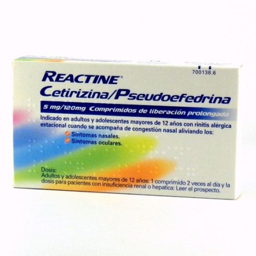 Reactine cetirizina/pseudofedrina 5 mg/120 mg 14 comprimidos liberación prolongada