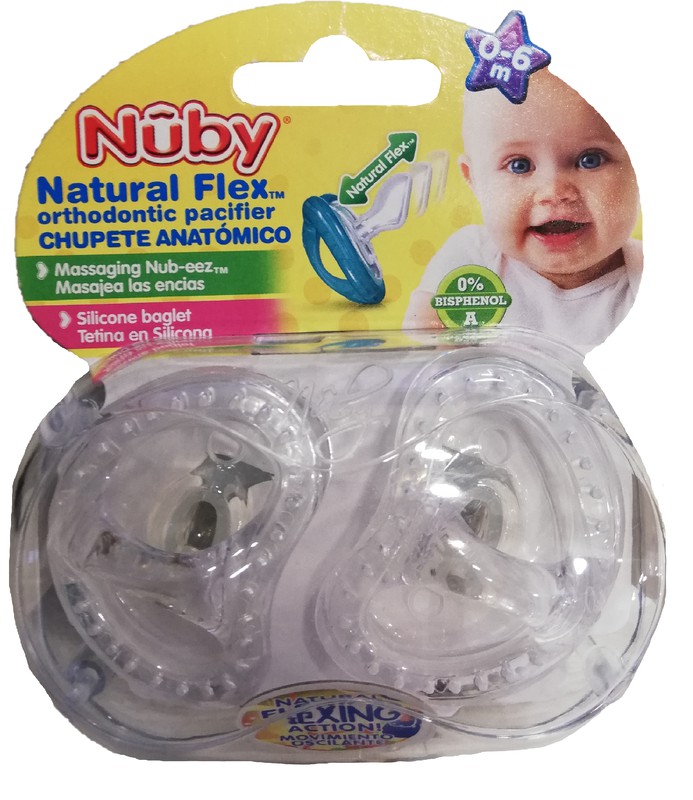  Nuby Chupete oscilante de silicona natural flexible de 2  piezas, 0-6 meses (los colores pueden variar) : Bebés